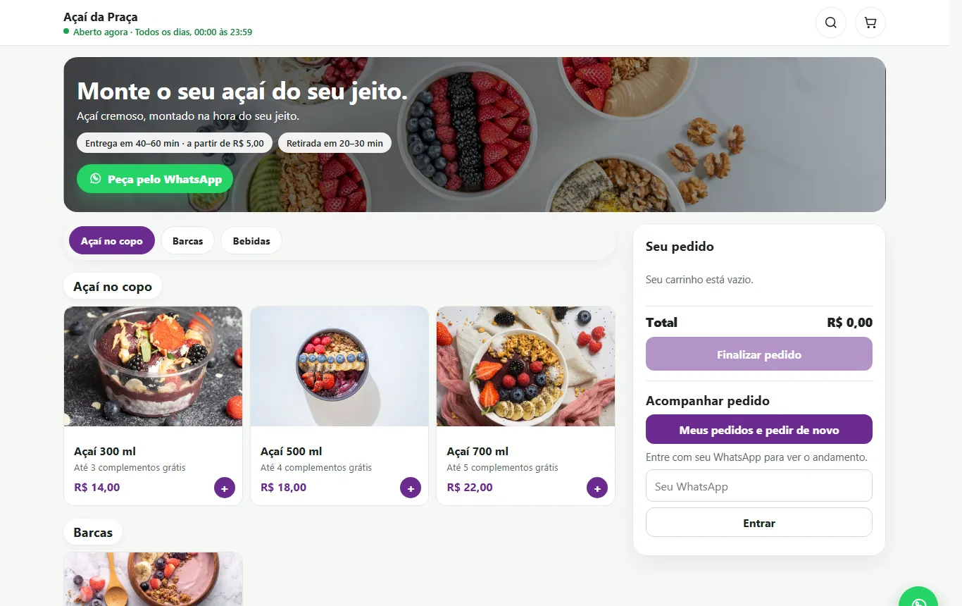 Cardápio Delivery de uma loja de açaí aberto no computador